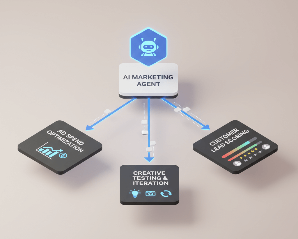 A visual representation of an agentic AI system managing autonomous marketing workflows.